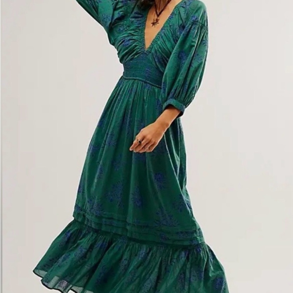 Free People Green & Blue Long Sleeve Maxi Dress